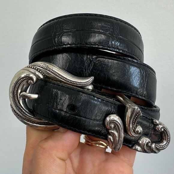 Vintage Black Leather Croc Embossed Western Belt Ornate Silver Buckle Size M - Picture 6 of 8